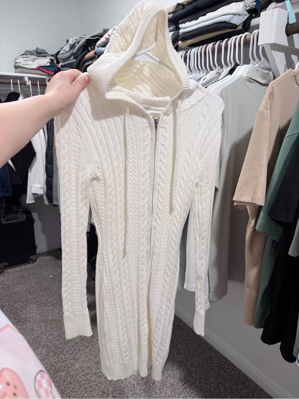J for Justify Ivory Hooded Cable-Knit Longline Zip Cardigan